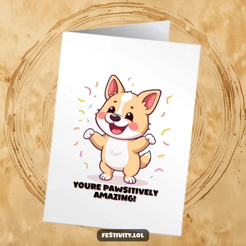 Funny Free Printable Congratulations Card: A happy dog in a lively dance, adorned with festive streamers, a downloadable celebration.