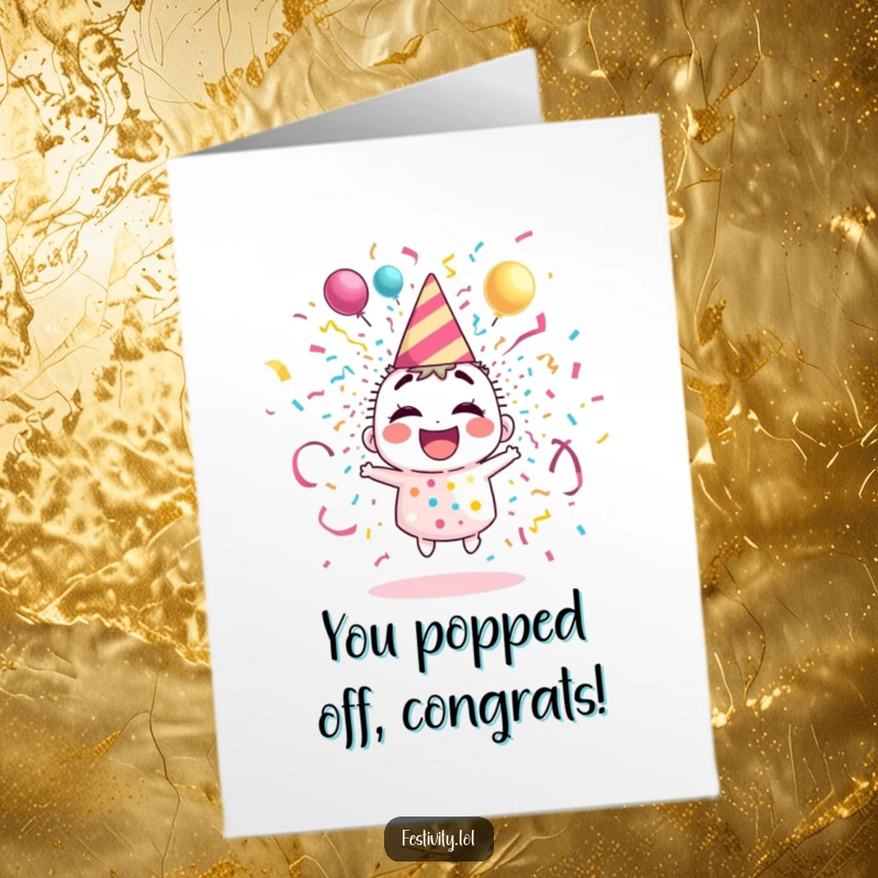 Funny Free Printable Congratulations Card: A giggling party popper character bursts with vibrant streamers and confetti, symbolizing joyous achievements.