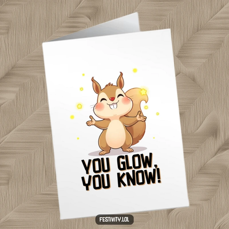 Funny free printable congratulations card of a determined squirrel juggling fireflies, celebrating success with glowing humor and brilliance.