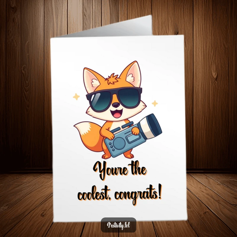 Funny Free Printable congratulations card, a fox in large sunglasses holding a huge noisemaker, celebrating a fantastic win.