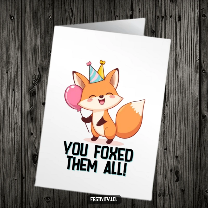 Funny Free Printable congratulations card: A happy fox in a party hat, enthusiastically bouncing a giant balloon in celebration.