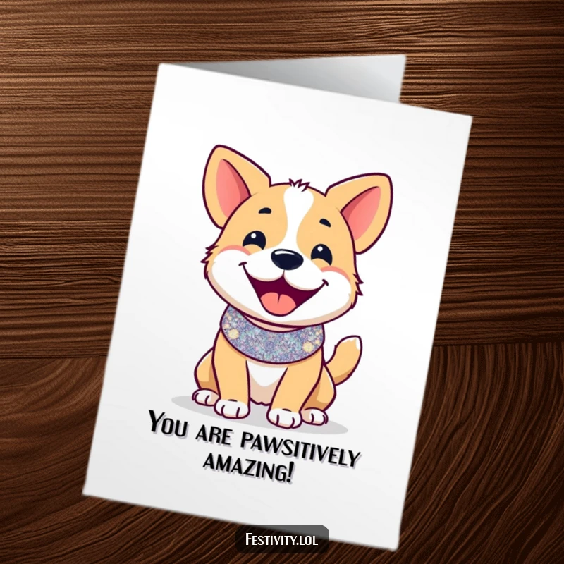 Funny Free Printable Congrats Card: Smiling dog with a glittery collar, wagging furiously, celebrating a hilarious achievement.