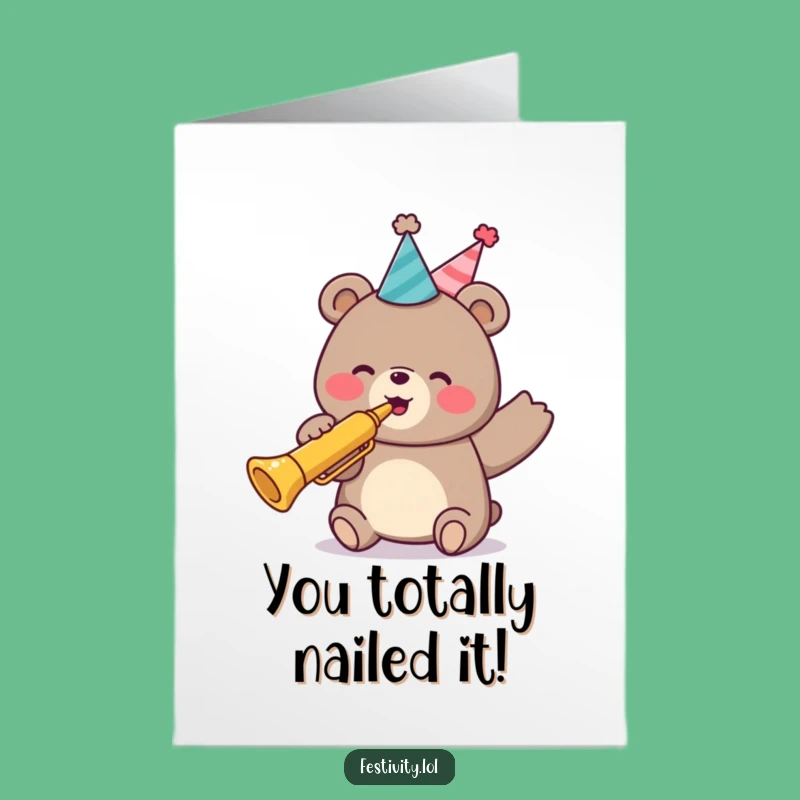 Free Printable Congrats Card: Joyful Bear Trumpeting Success - Humorous Downloadable Gift