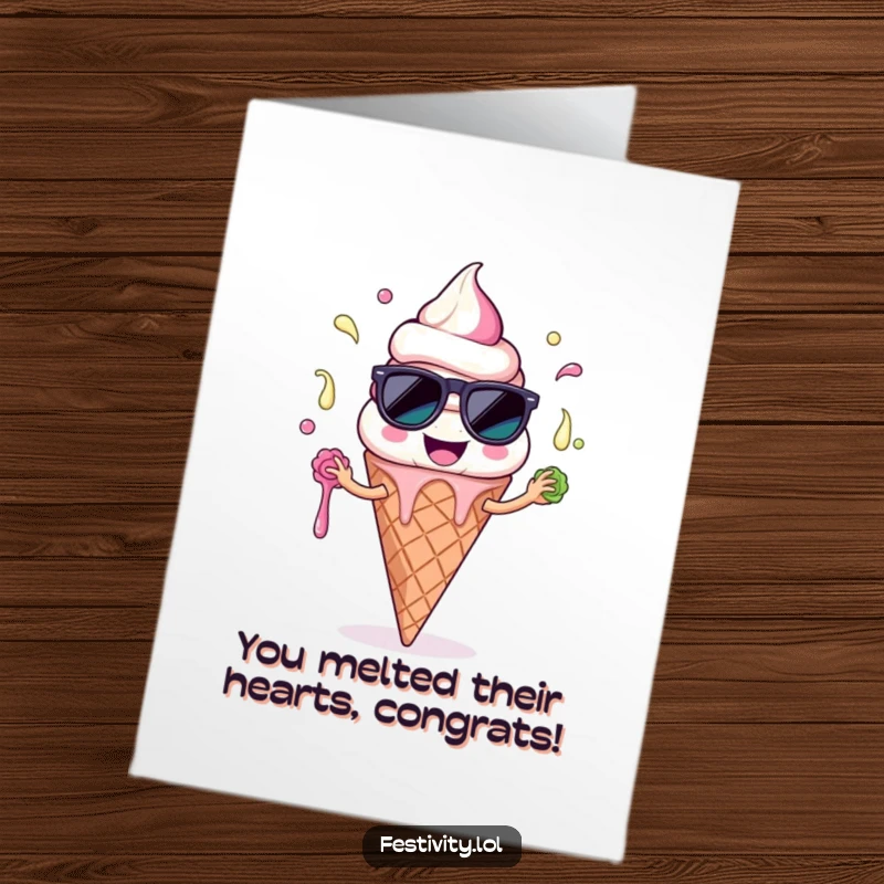 Funny Free Printable Congratulations Card: A smiling ice cream cone character wearing sunglasses comically juggles melting scoops, signifying fun.