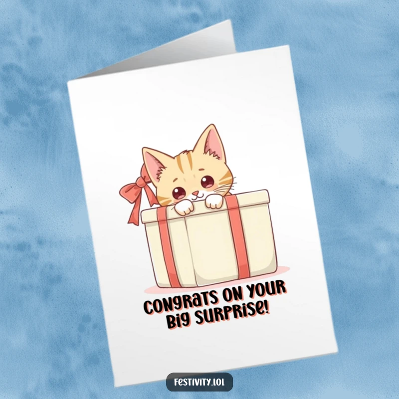 Funny Free Printable Congratulations Card: A curious cat is hiding behind a large gift box. Downloadable gift.