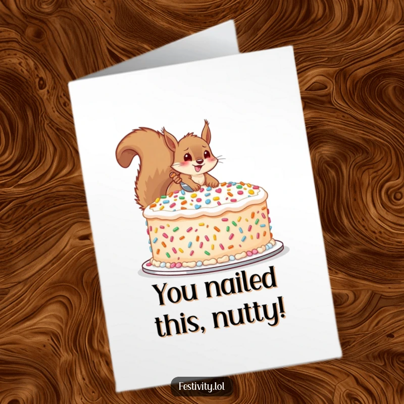 Funny Free Printable congratulations card: A joyful squirrel meticulously decorating a massive cake with huge, vibrant sprinkles.