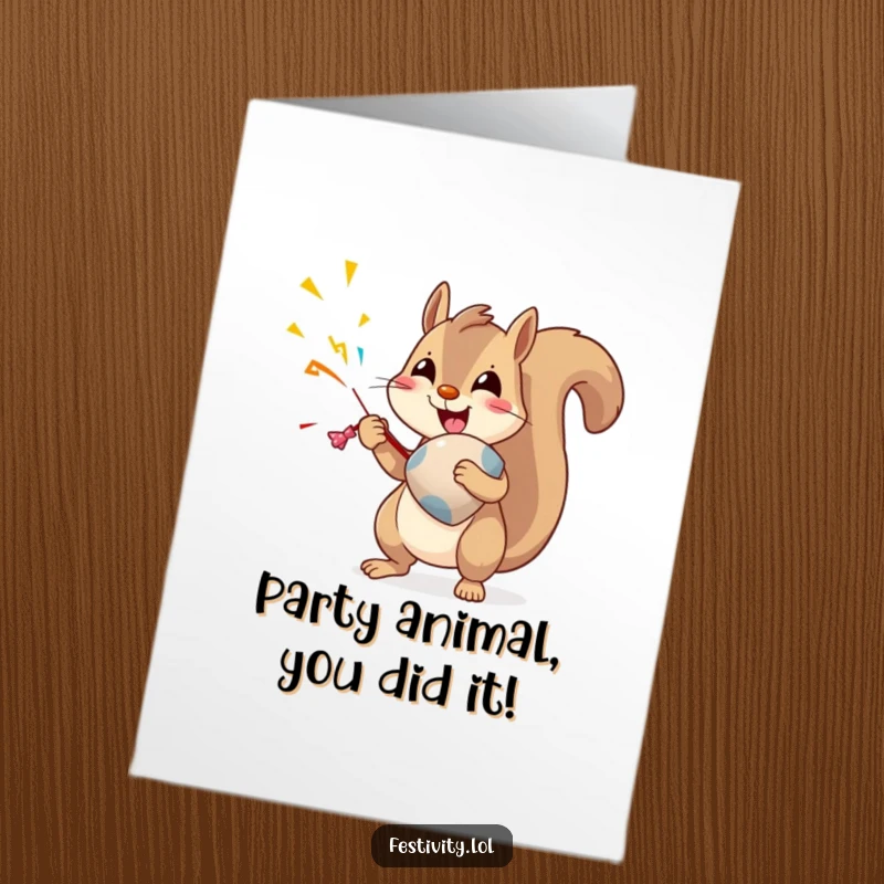 Funny Free Printable Congratulations Card: Squirrel unleashing an oversized party popper in a moment of pure, unadulterated excitement.