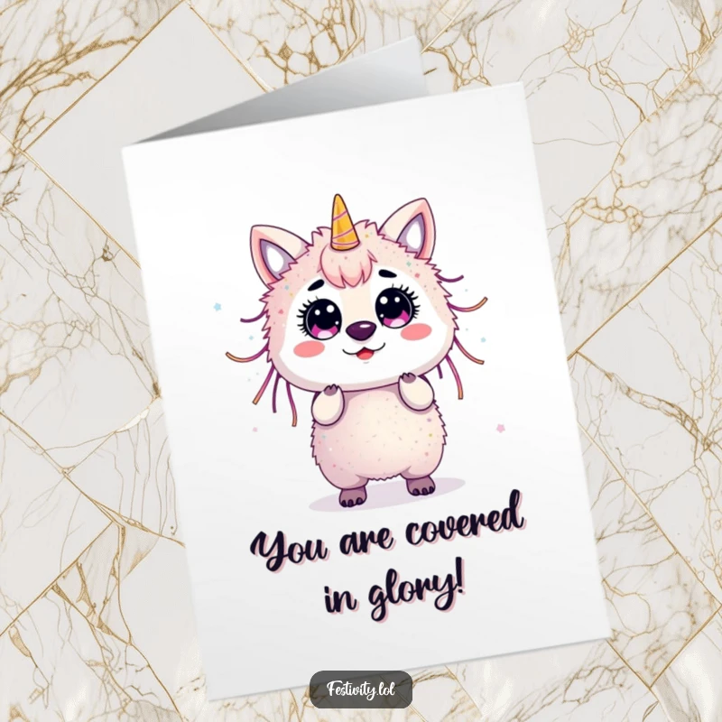 Funny Free Printable Congratulations Card: Animal covered in streamers and glitter, celebrating surprising news.