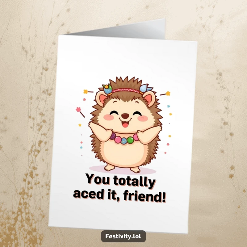 Funny Free Printable Congratulations Card: Gleeful hedgehog wearing festive garlands, dancing to celebrate your big win.