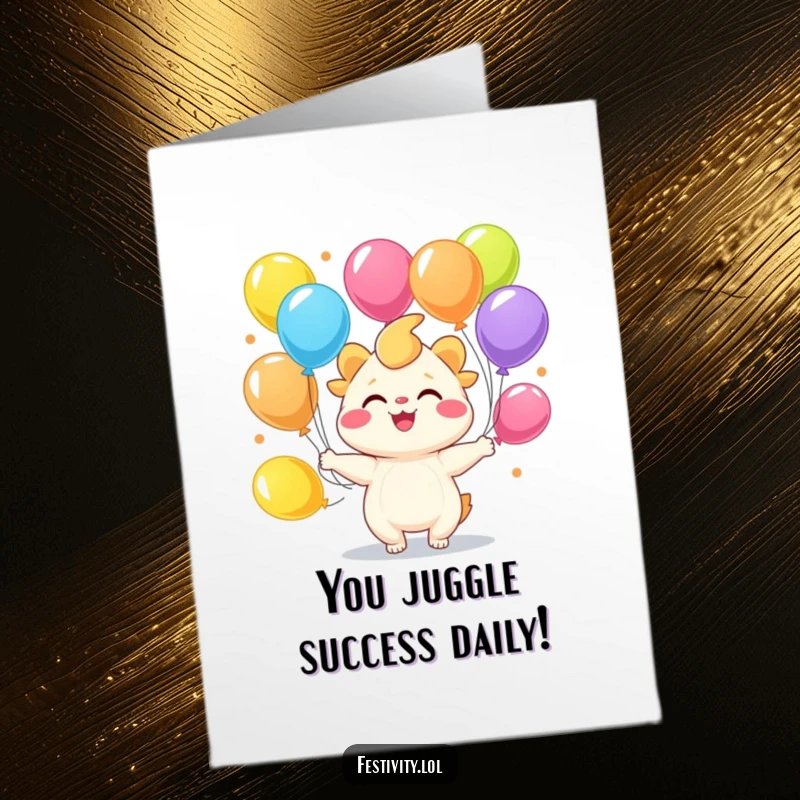 Funny Free Printable Congratulations Card: Joyful creature juggling balloons, celebrating wins with a smile.
