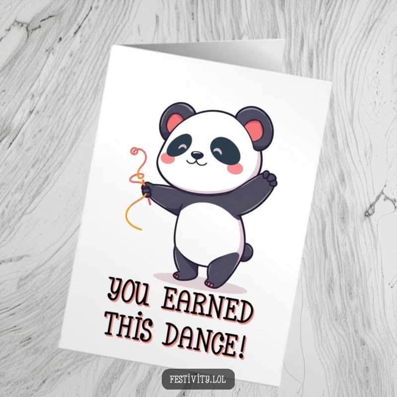 Funny Free Printable Congrats Card: A happy panda gleefully dancing holding a bright streamer.