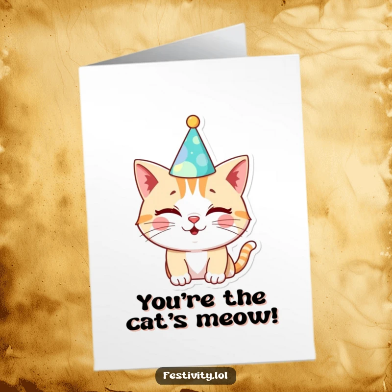 Funny Free Printable Congrats Card: A sassy cat in a hat winks cheekily.