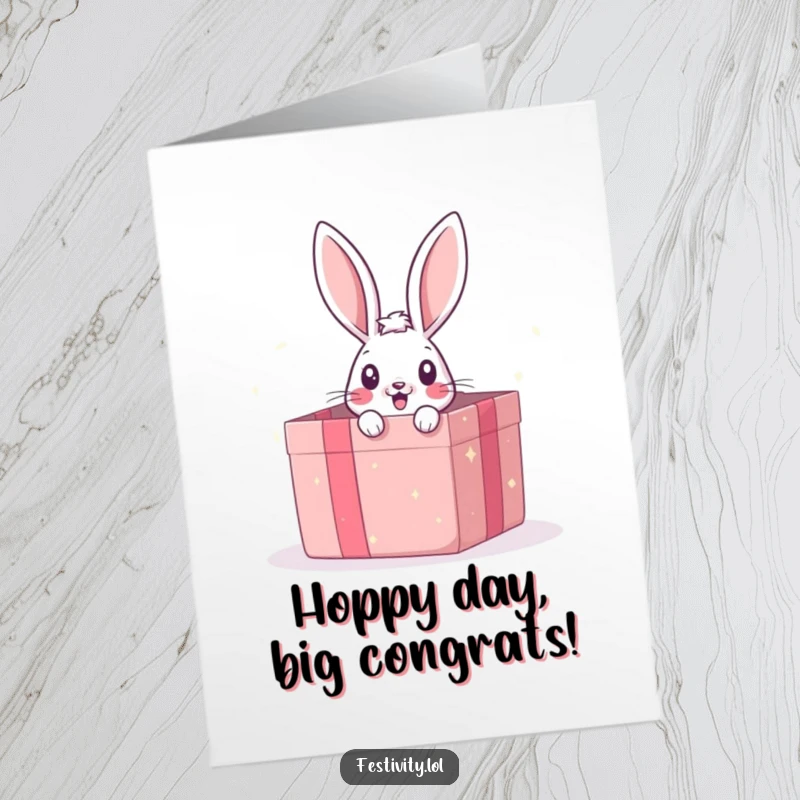 Funny Free Printable congratulations card, a surprised bunny emerging from a large gift box, celebrating a wonderful announcement.