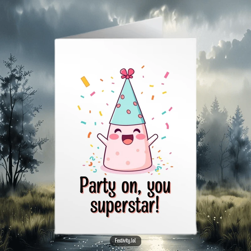 Funny Free Printable Congratulations Card: A happy party hat showers confetti with pure delight. A celebratory, humorous DIY gift.