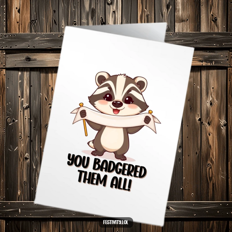 Funny Free Printable Congratulations Card: A proud badger holding a banner high, beaming with happiness after a great accomplishment.