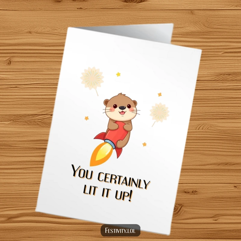 Funny free printable congratulations card of a cheerful otter riding a firecracker rocket, celebrating success with an energetic, humorous launch.