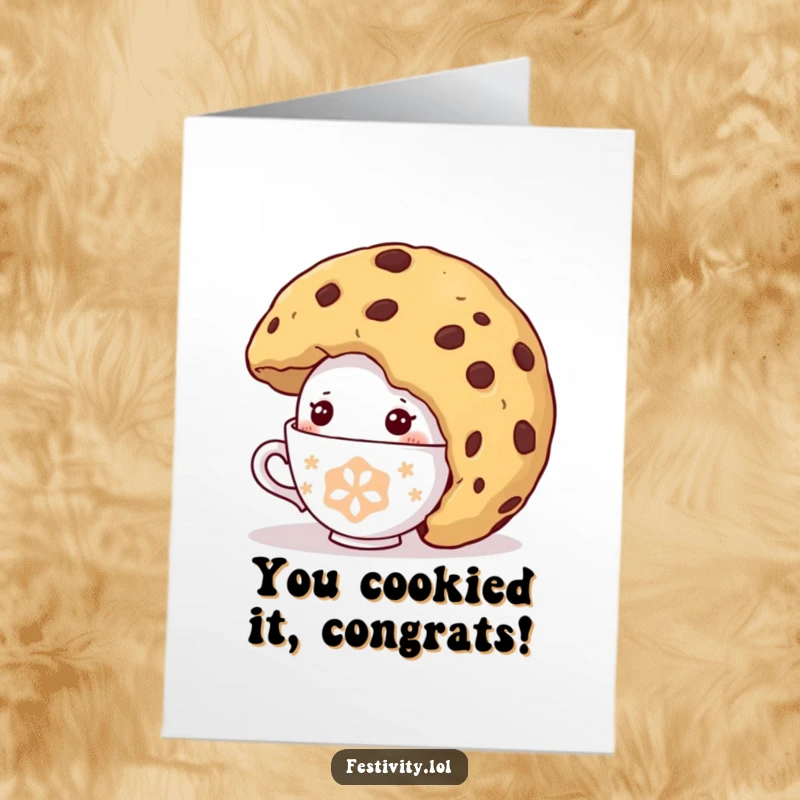 Funny Free Printable Congratulations Card: A shy teacup character peeks out from under a giant cookie, conveying congratulations subtly.