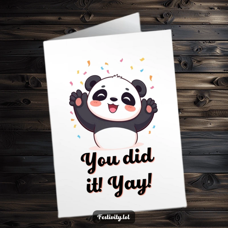 Free Printable Congratulations Card: A cheerful panda gleefully throwing confetti, celebrating success with pure delight.