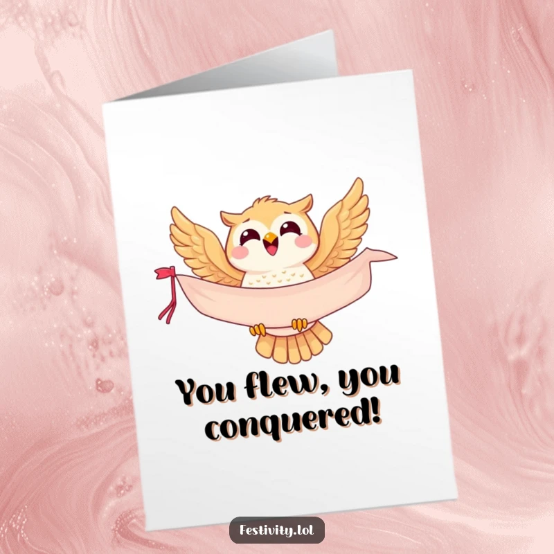 Funny Free Printable Congratulations Card showing a happy owl soaring with a celebratory banner for a unique gift.