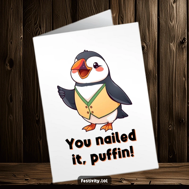 Funny Free Printable Congratulations Card: A grinning puffin in a festive vest enthusiastically waving a tiny flag.