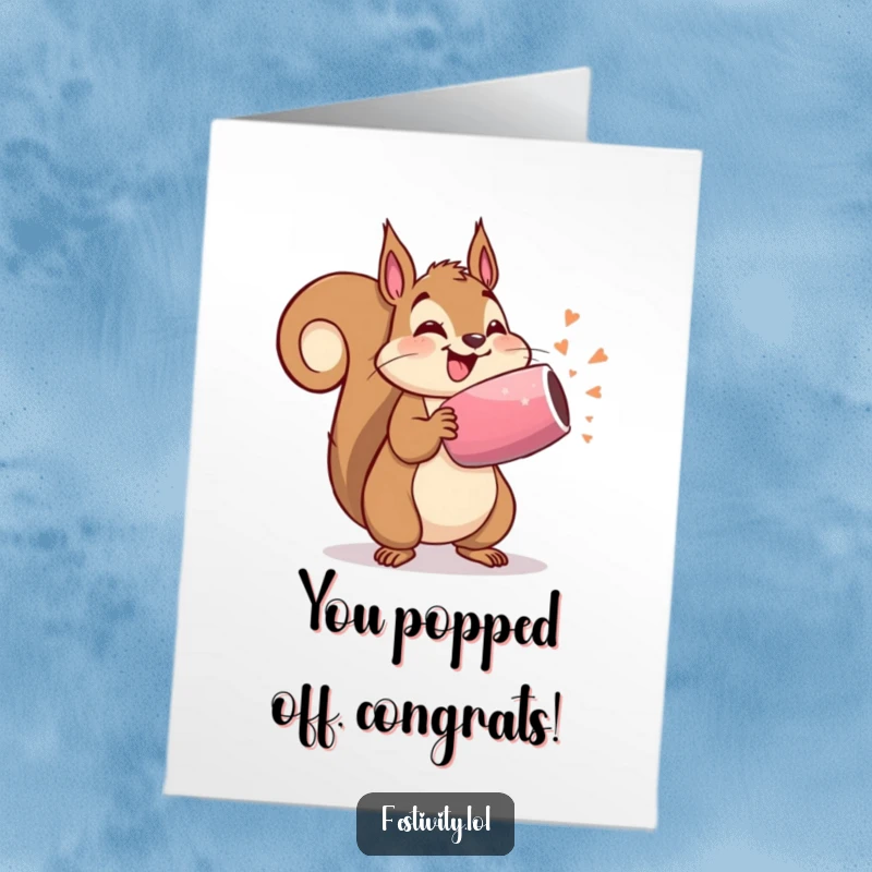 Funny Free Printable Congratulations Card: Excited squirrel poised to unleash a giant party popper, perfect for a downloadable celebration.