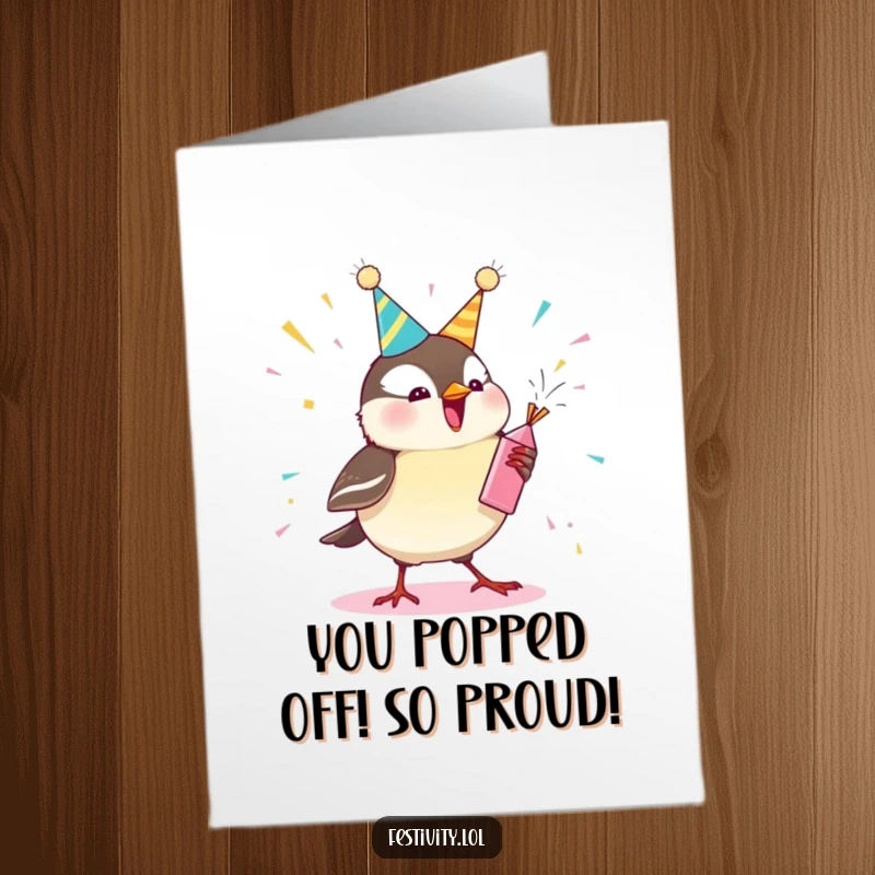 Funny Free Printable Congratulations Card: A giggling chickadee exploding a party popper in celebration of a fantastic achievement.
