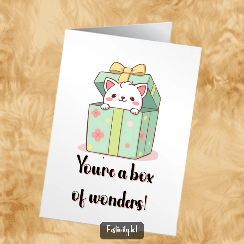 Funny free printable congratulations card with a playful critter emerging from a large, festive gift box, celebrating success.