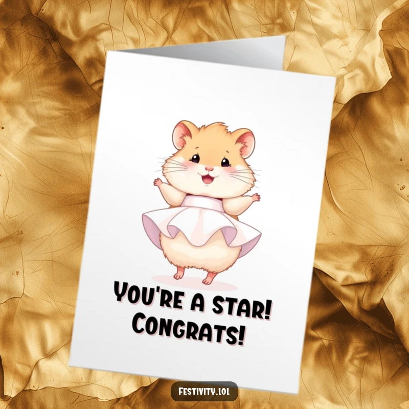 Funny Free Printable Congrats Card: A fluffy hamster in a party dress twirls, radiating happiness for any achievement.