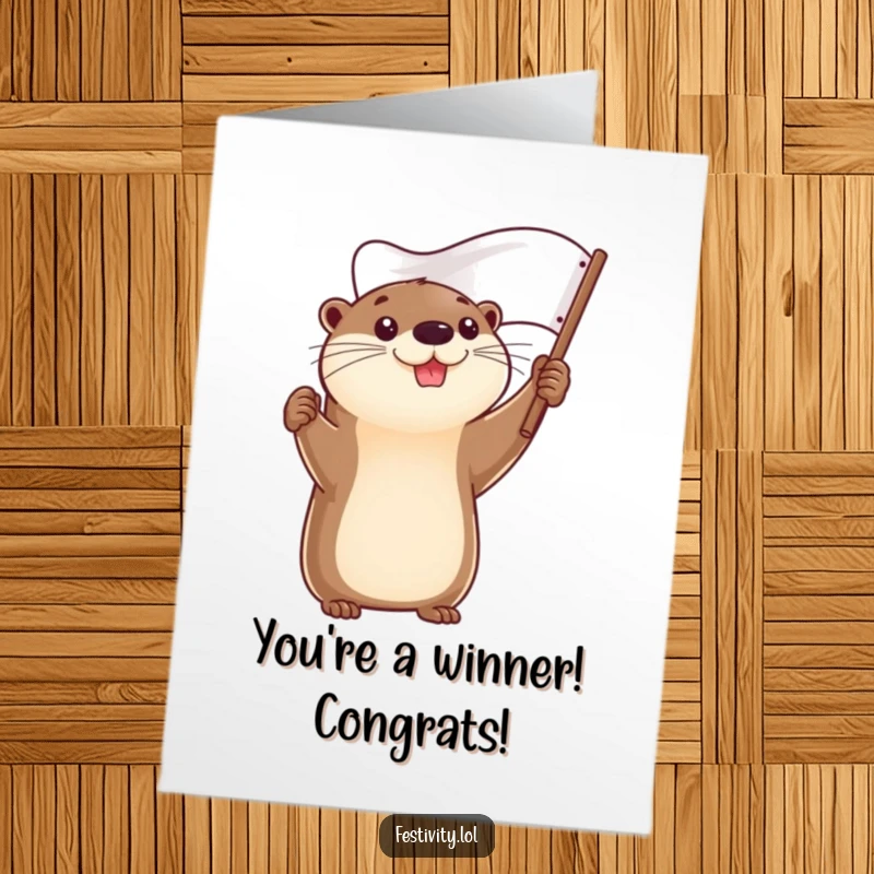Funny free printable congratulations card: A determined otter beaming with pride while holding a celebratory flag aloft. Achievement art.