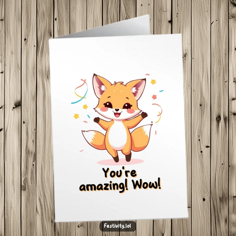 Funny free printable congratulations card depicting a happy fox cub joyfully dancing, surrounded by a cascade of colorful streamers.