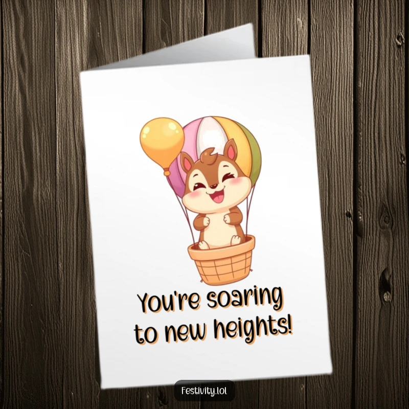 Funny Free Printable Congratulations Card: Cheerful chipmunk joyfully flies a miniature hot air balloon, celebrating success.