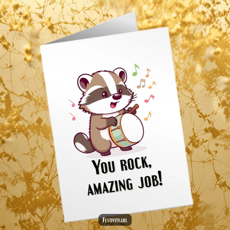 Funny Free Printable Congratulations Card: Determined badger playing a drum, musical notes erupting, a triumphant congratulations.