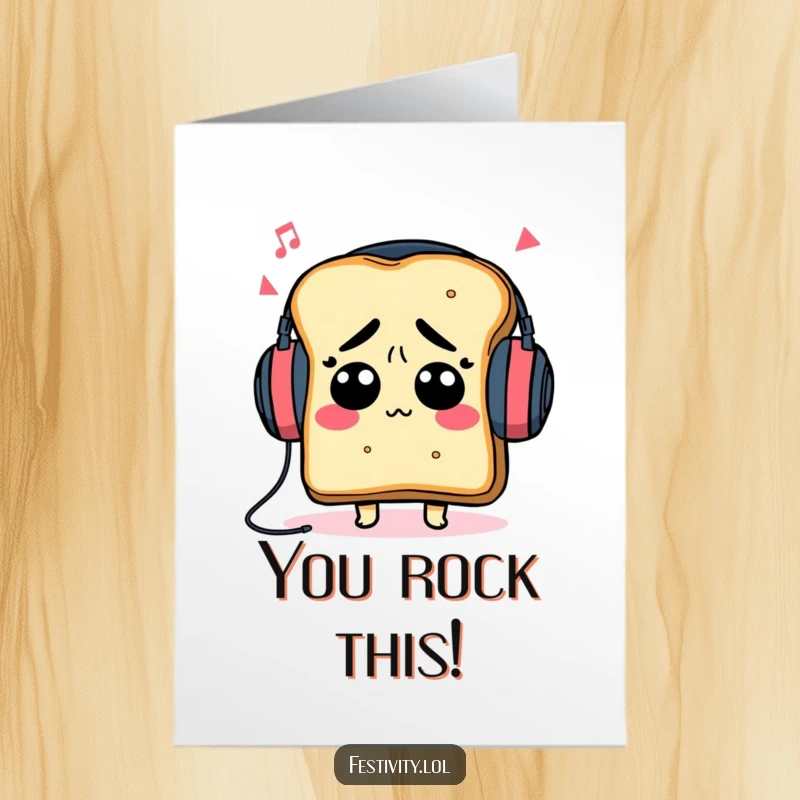 Funny Free Printable Congratulations Card: Confused toast in big headphones celebrates a win, lost in the music.