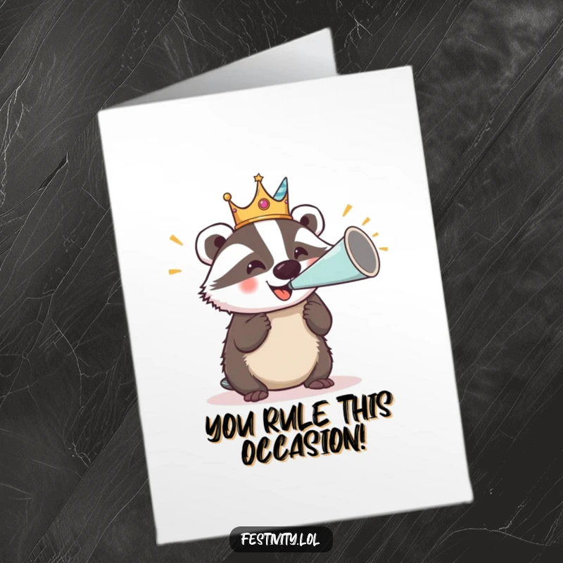Funny Free Printable congratulations card: A happy badger in a silly crown, blasting a huge party horn to celebrate a major win.