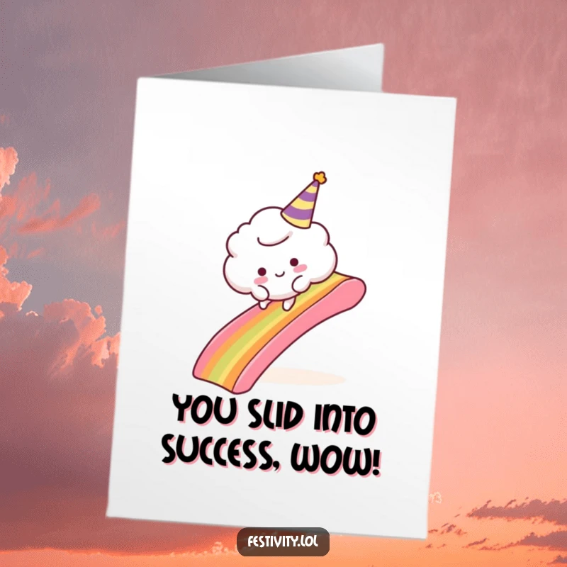 Funny Free Printable Congratulations Card: A fluffy cloud character wearing a party hat trips over a rainbow slide, creating amusement.