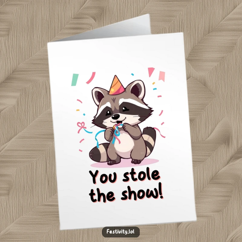 Funny Free Printable Congratulations Card: Mischievous raccoon caught red-pawed stealing a party streamer, a playful congrats.