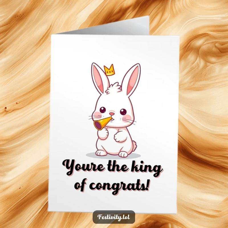 Funny Free Printable Congratulations Card: A rabbit in a tiny crown enthusiastically blows a party horn for a major win.