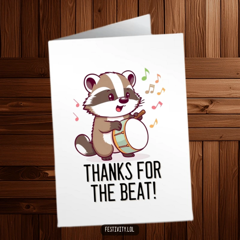 Funny Free Printable Thank You Card: Determined badger tapping a drum, musical notes popping out, a fun thank you.