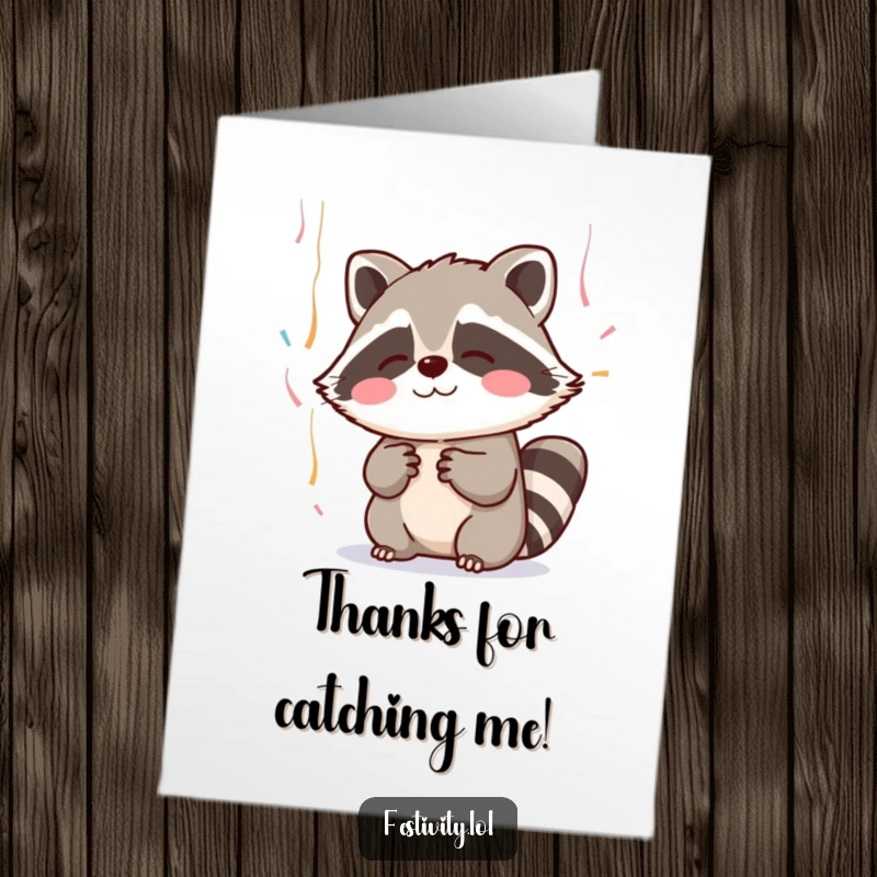 Funny Free Printable Thank You Card: Blushing raccoon trying to catch streamers, a sweet and memorable thank you.
