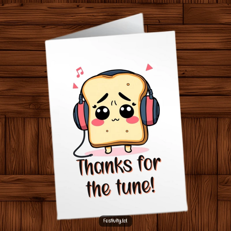 Funny Free Printable Thank You Card: A confused toast character wears headphones, grooving and saying thank you.