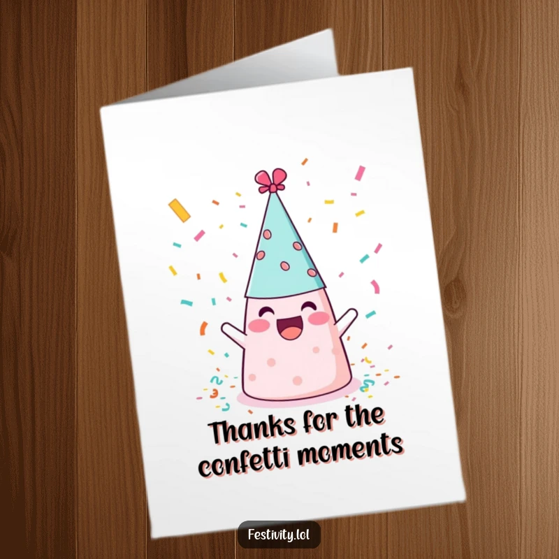 Funny Free Printable Thank You Card: A beaming party hat tosses confetti, symbolizing thanks. A cheerful, humorous DIY card.