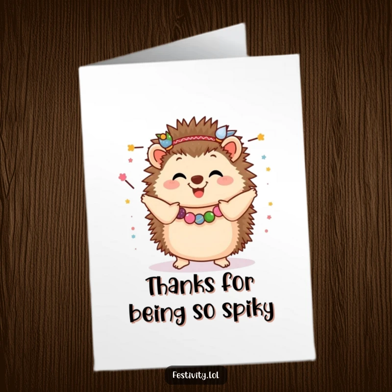 Funny Free Printable Thank You Card: A happy hedgehog twirls joyfully, draped in festive garlands, saying thank you.