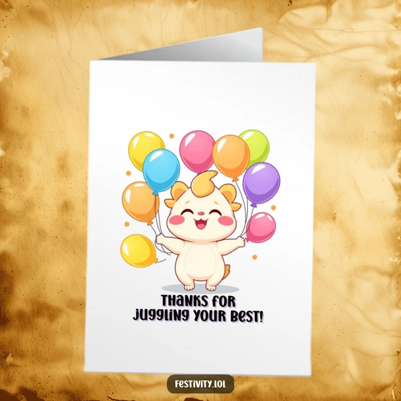 Funny Free Printable Thank You Card: Creature juggling balloons with a wide smile, a cheerful thank you.