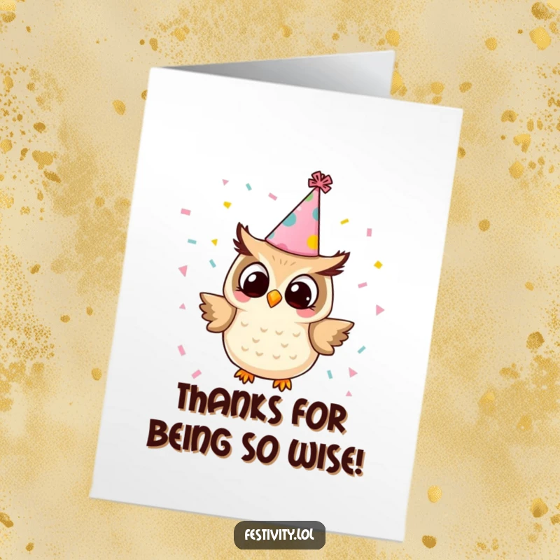 Funny Free Printable Thank You Card: A partying owl releasing confetti, a whimsical way to say thanks.