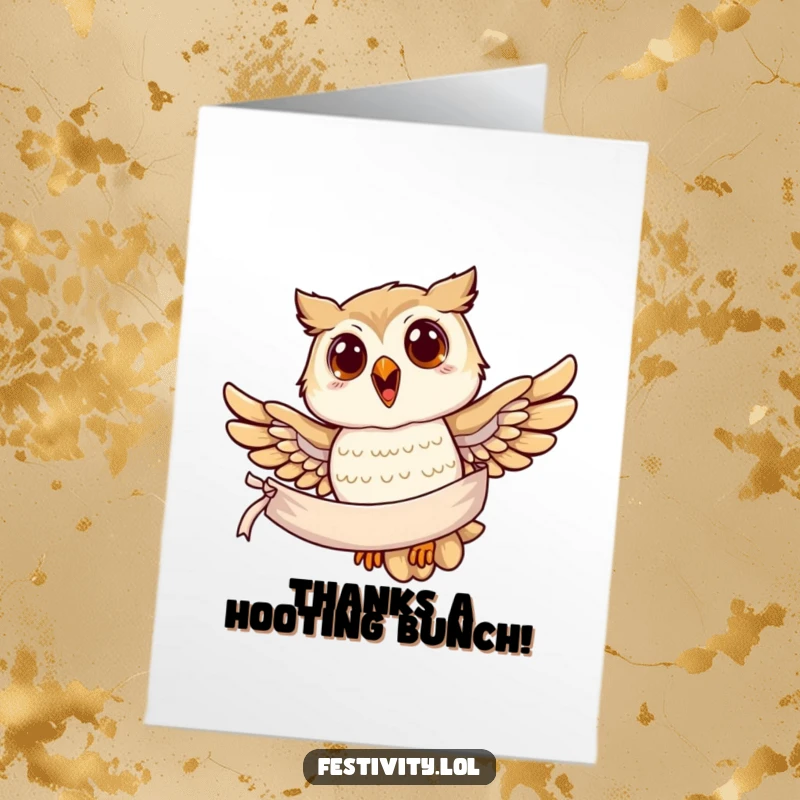 Funny Free Printable Thank You Card: A joyful owl flies with a banner, gracefully delivering thanks and appreciation.