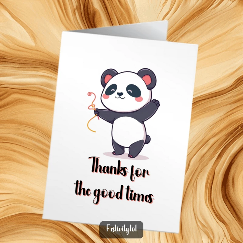 Funny Free Printable Thank You Card: A cute panda dancing merrily with a streamer.