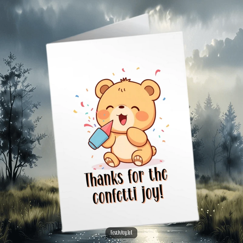 Funny Free Printable Thank You Card: Delighted bear cub with a party popper, a thankful cub.