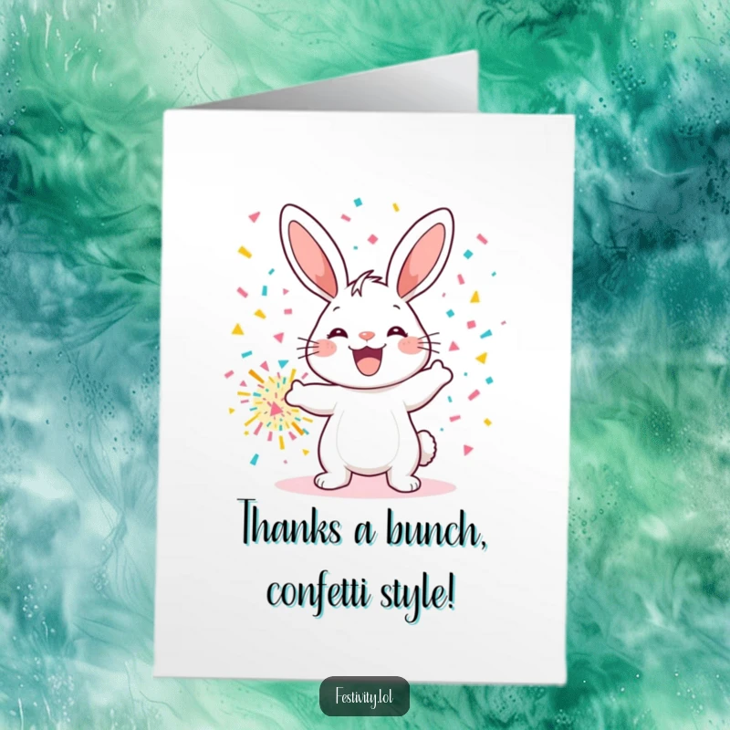 Funny Free Printable thank you card: A cheerful bunny joyfully detonating a giant confetti bomb to express sincere gratitude.