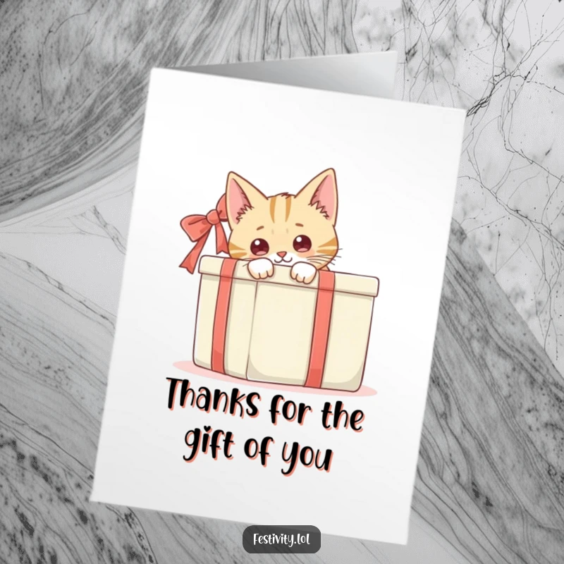 Funny Free Printable Thank You Card: Cat peeks out from behind a big gift box, a sweet surprise. Downloadable gift.