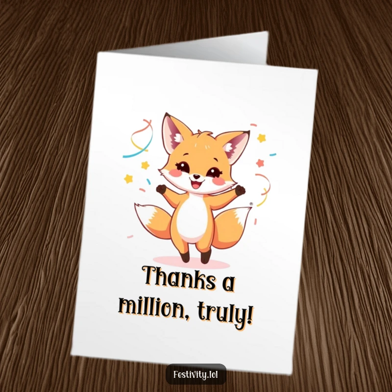 Funny free printable thank you card of a happy fox cub dancing with colorful streamers, expressing vibrant gratitude and cheer.